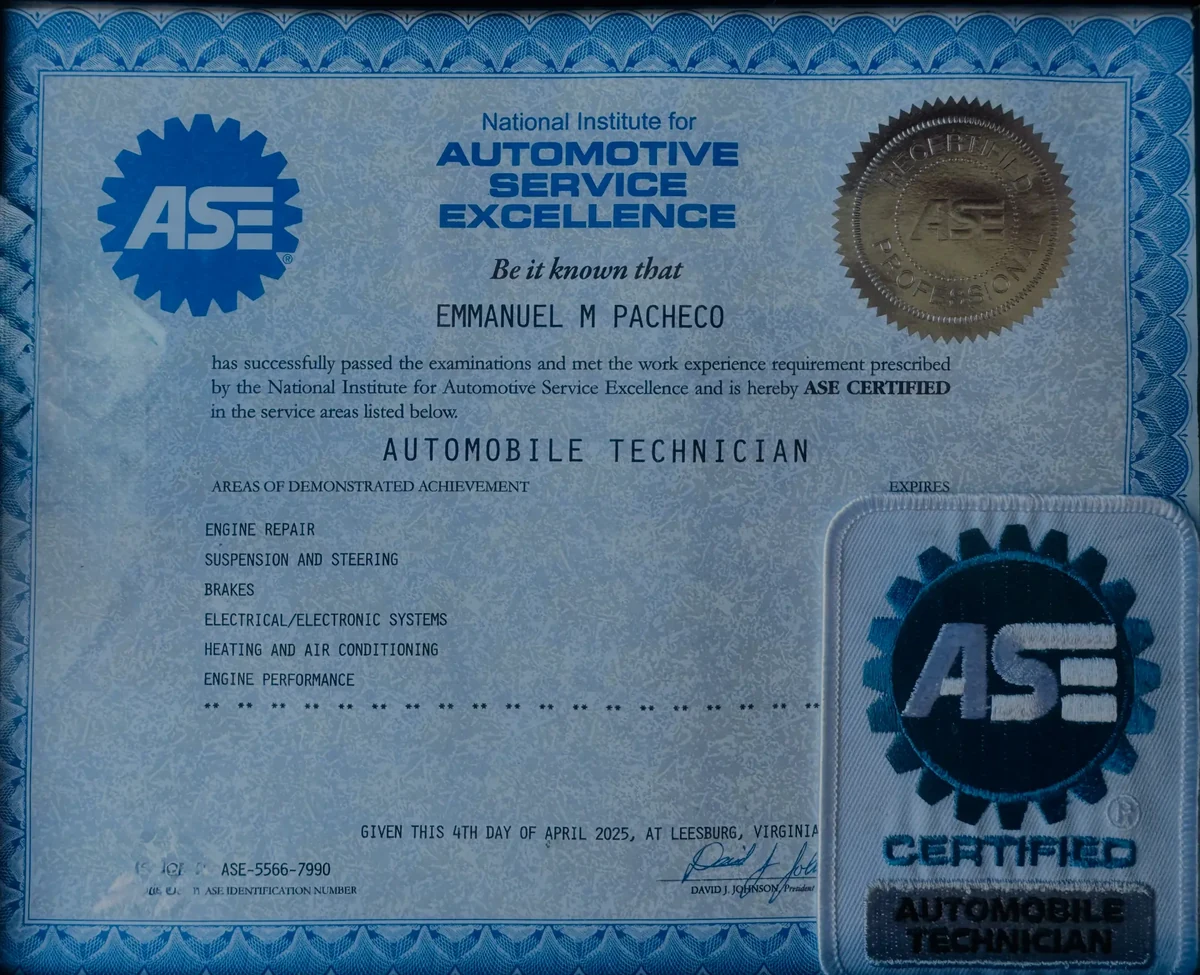 ASE Certified Automobile Technician certificate issued to Emmanuel Pacheco