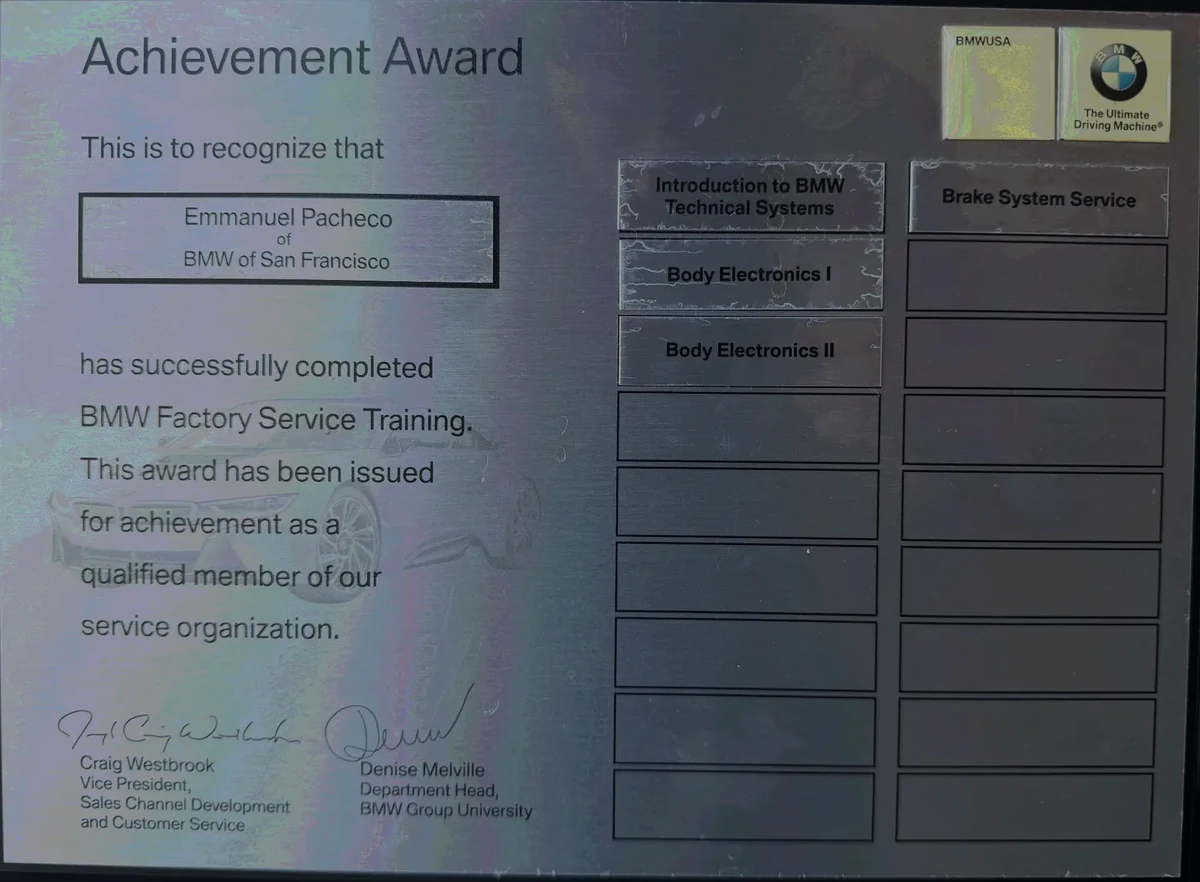 BMW Factory Service Training Achievement Award issued to Emmanuel Pacheco