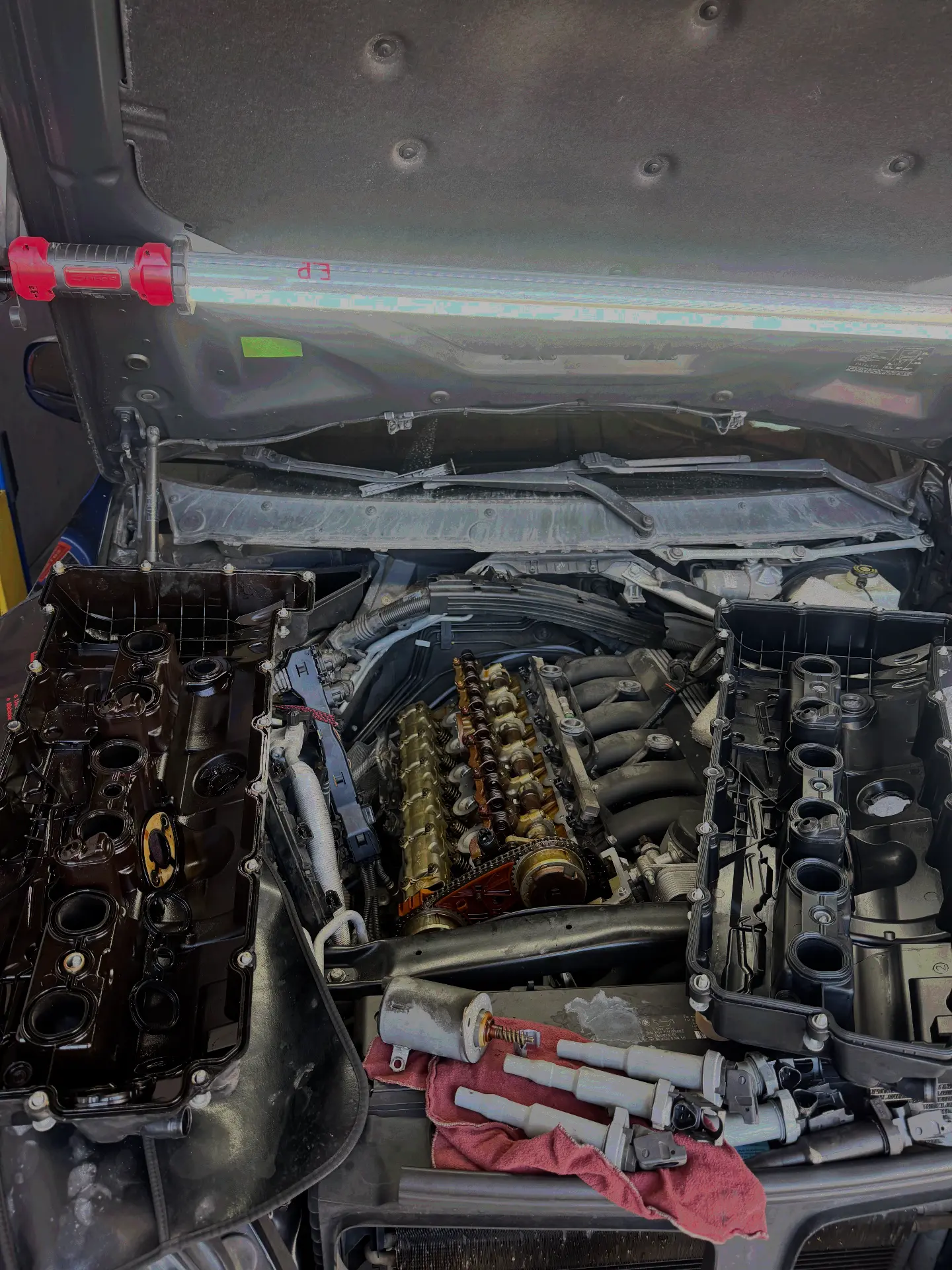 V8 valve covers off — Both covers removed, valvetrain and coils laid out for gasket service.
