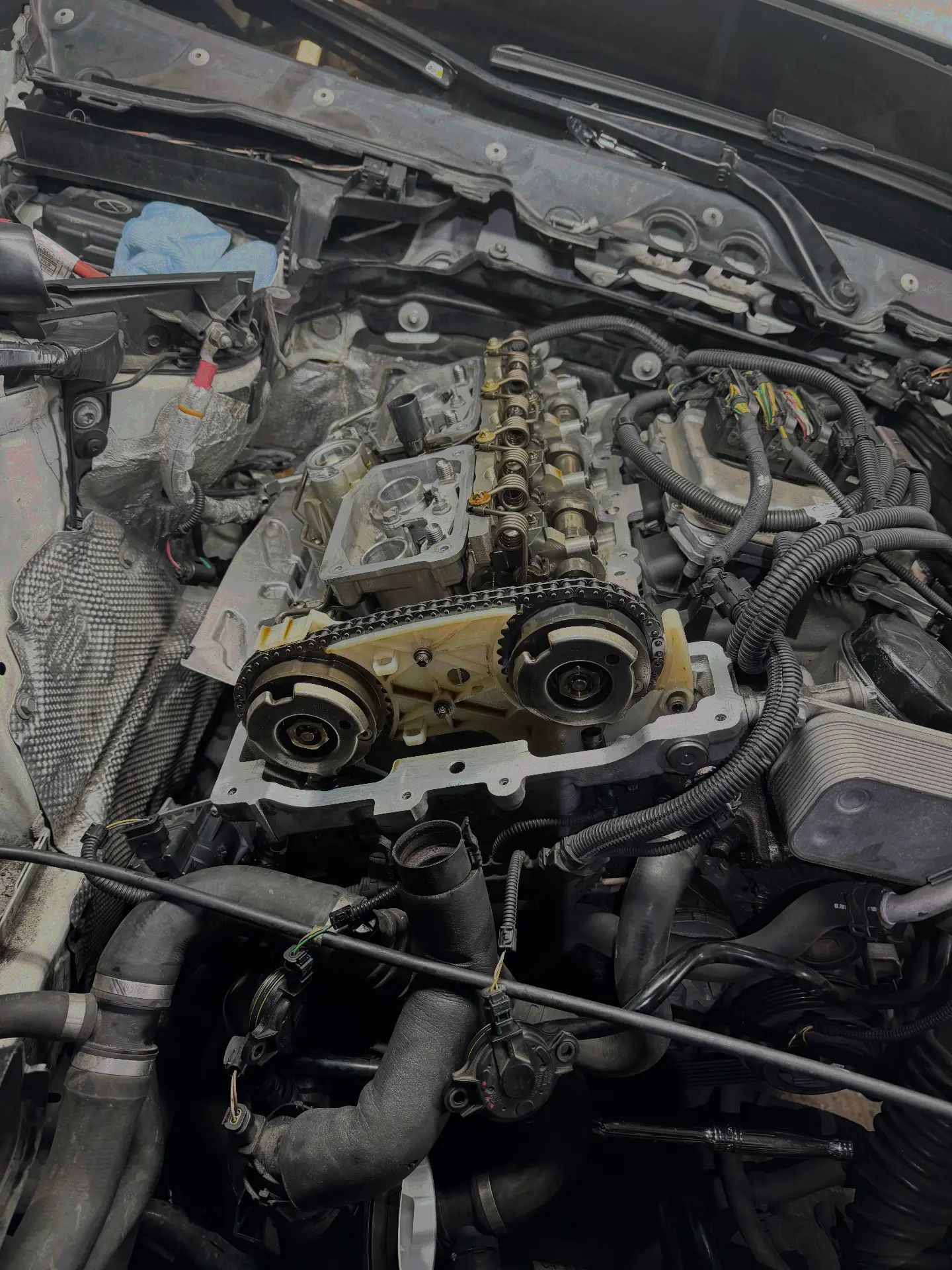 VANOS and timing access — Valve cover off with cam gears and chain exposed for timing service.
